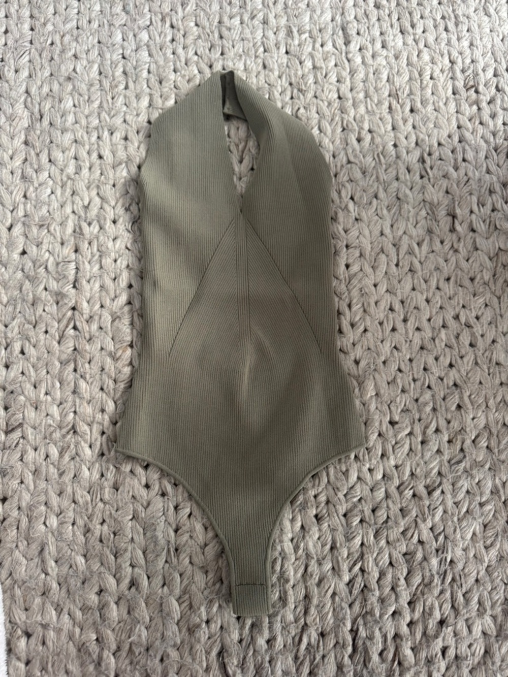 Massimo Dutti Olive Green Ribbed Halter Bodysuit